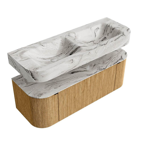 MONDIAZ THOR-DLUX 130cm badmeubel ronding links + rechts kleur Oak met 1 lade en 2 deuren. Vrijhangende wastafel CLOUD Dubbel zonder kraangat kleur Glace. SW1463526