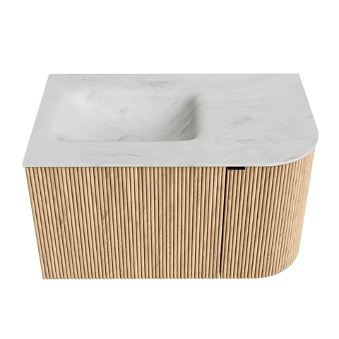 MONDIAZ KURVE-DLUX 75cm badmeubel met module 25 R kleur Oak met 1 lade en 1 deur. Wastafel GRUNNE links zonder kraangat kleur Opalo. SW1137507