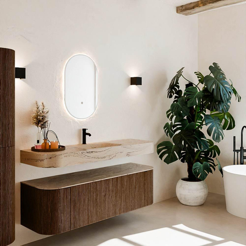 MONDIAZ THOR-DLUX 150cm meuble de salle de bains arrondi gauche + droite couleur Walnut avec 1 tiroir et 2 portes. Vasque suspendue CLOUD Milieu 1 trou de robinet couleur Arena. SW1464716