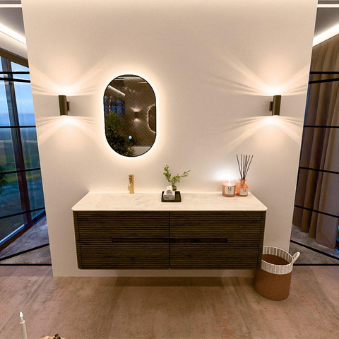 Mondiaz CIRO-DLUX Meuble de salle de bains - 150x45x50cm - Vasque solid surface Opalo - 1 lavabo à gauche - 1 trou de robinet - 4 tiroirs - Shadow SW1532411