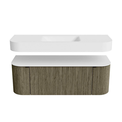 MONDIAZ THOR 130cm meuble de salle de bains arrondi gauche + droite couleur Shadow avec 1 tiroir et 2 portes. Vasque suspendue CLOUD Milieu 1 trou de robinet couleur Talc. SW1463763
