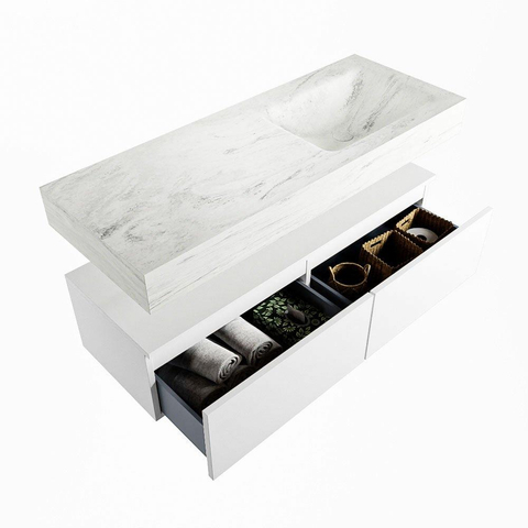 Mondiaz ALAN-DLUX Ensemble de meuble - 120cm - meuble Talc mat - 2 tiroirs - Lavabo Cloud Opalo suspendu - vasque Droite - 1 trou de robinet SW806731