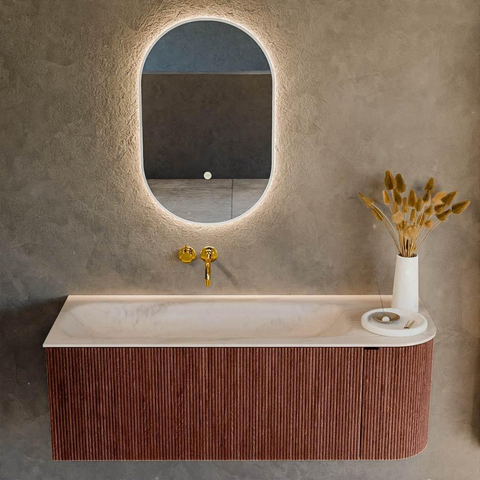 MONDIAZ KURVE-DLUX Meuble de salle de bains 125cm arrondi à droite couleur Ruby avec 1 tiroir et 1 porte. Lavabo BIG MEDIUM à gauche sans trou de robinet Meli. SW1432049