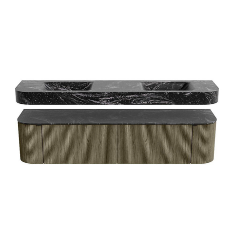 MONDIAZ THOR-DLUX 190cm meuble de salle de bains arrondi gauche + droite couleur Shadow avec 2 tiroirs et 2 portes. Vasque suspendue CLOUD Double 2 trous de robinet couleur Lava. SW1466562