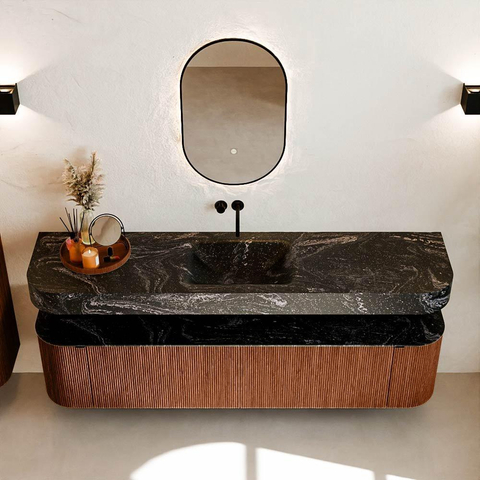 MONDIAZ THOR-DLUX Meuble de salle de bains - 190cm - arrondi gauche + droite - couleur Ruby - 2 tiroirs et 2 portes - Vasque suspendue CLOUD Milieu sans trou de robinet - couleur Lava SW1466496