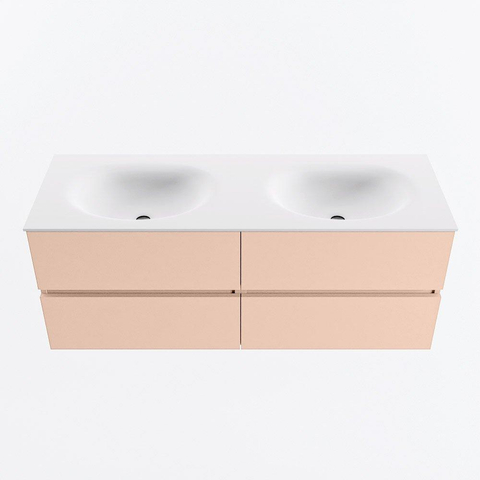 MONDIAZ VICA Ensemble meuble de salle de bains - 130cm - meuble bas rosee - 4 tiroirs - plan-vasque moon double - sans trous de robinet - version haute 60cm - talc SW1080397