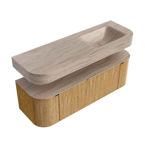 MONDIAZ THOR-DLUX 140cm badmeubel ronding links + rechts kleur Oak met 1 lade en 2 deuren. Vrijhangende wastafel CLOUD Rechts 1 kraangat kleur Saba. SW1464301