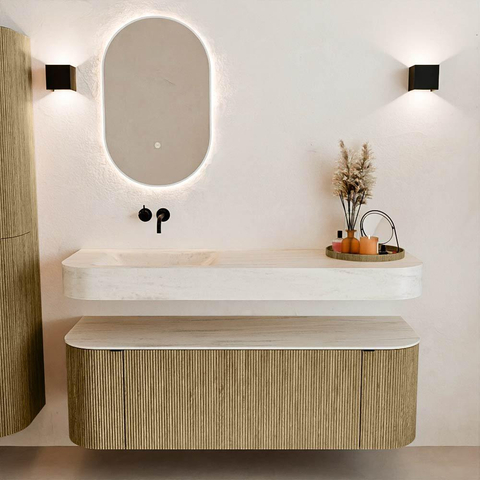 MONDIAZ THOR-DLUX 140cm meuble de salle de bains arrondi gauche + droite couleur Dusk avec 1 tiroir et 2 portes. Vasque suspendue CLOUD Gauche sans trou de robinet couleur Meli. SW1464403