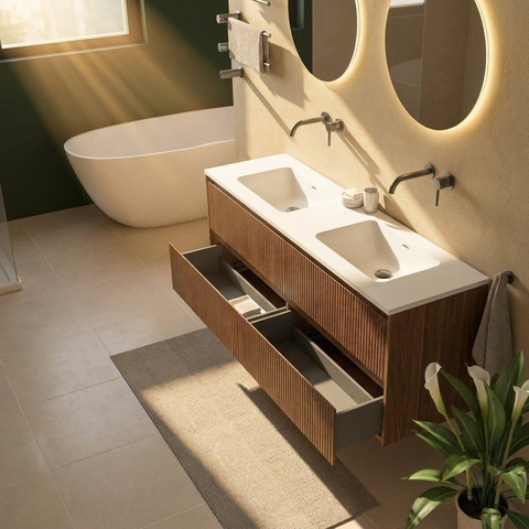 Saniclass Holz Atelier Badkamermeubelset - 160x45x77.5cm - Torino solid surface wastafel wit - zonder kraangat - 4 lades - mat walnut pure (hout) SW1478687