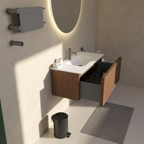 Saniclass Holz Frame Badkamermeubelset - 100x45x41.5cm - Flow solid surface wastafel wit - 1 wasbak - 1 kraangat - 1 lade - mat walnut pure (hout) SW1478407