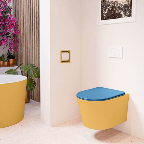 Mondiaz LAVIE hangtoilet – spoelrandloos – 36 x 53 cm – met softclose zitting – Ocher (geel), zitting Jeans (blauw) SW1208639