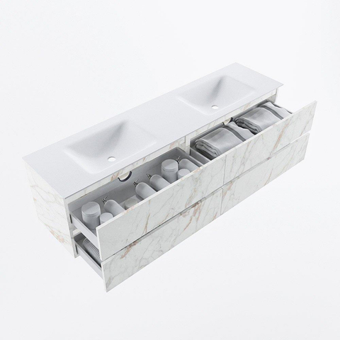 MONDIAZ Vica Ensemble meuble de salle de bains - 180cm - meuble bas Carrara - 4 tiroirs - lavabo Cloud double - 2 trous de robinet - version haute 60cm - Talc SW1085000