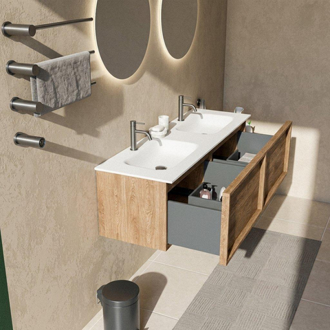 Saniclass Holz Frame Badkamermeubelset - 140x45x41.5cm - Flow solid surface wastafel wit - 2 wasbakken - 2 kraangaten - 2 lades - mat eiken natural (hout) SW1478439