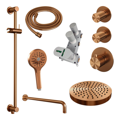BRAUER Stripe Thermostatische Inbouw Regendouche - SET 11 - 25cm douchekop - gebogen muurarm - 3-standen handdouche - doucheslang - geïntegreerde glijstang - koper geborsteld PVD SW1434922