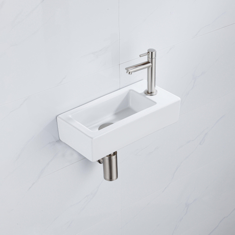 FugaFlow Efficiente Ensemble fontaine Pietra - 37,5x18,5x9cm - céramique - trou de robinet à droite - robinet de fontaine en inox brossé - bouchon de vidange - siphon abaissé - Blanc brillant SW1442190