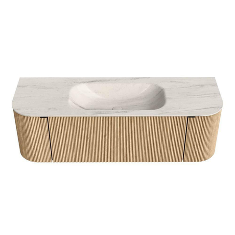 MONDIAZ KURVE-DLUX 140cm badmeubel ronding Links + Rechts kleur Oak met 1 lade en 2 deuren. Wastafel BIG SMALL Midden zonder kraangat Meli. SW1431594