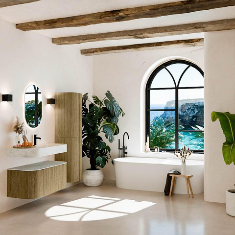 MONDIAZ THOR-DLUX 100cm meuble de salle de bains arrondi gauche + droite couleur Dusk avec 1 tiroir et 2 portes. Vasque suspendue CLOUD Droite 1 trou de robinet couleur Opalo. SW1467342