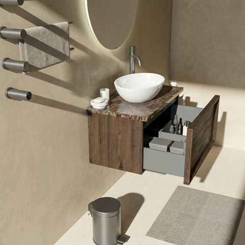 Saniclass Holz Frame Ensemble meuble de salle de bains - 80x45x43cm - Plan de travail en pierre naturelle Noche dark emperador - 1 trou de robinet - 1 tiroir - chêne charcoal mat (bois) SW1478261