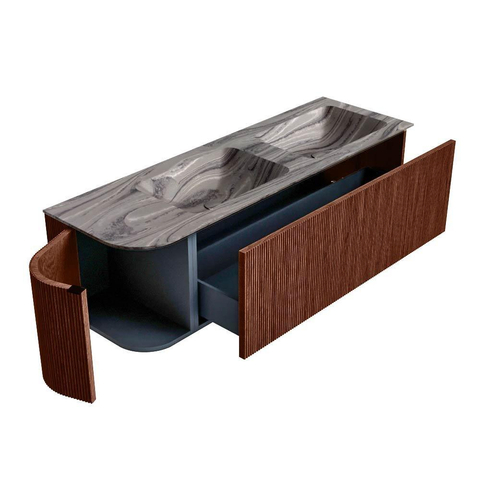 MONDIAZ KURVE-DLUX 145cm meuble de salle de bains arrondi gauche couleur Ruby avec 1 tiroir et 1 porte. Plan vasque LEAF Double / Droite sans trou de robinet Sombra. SW1433983
