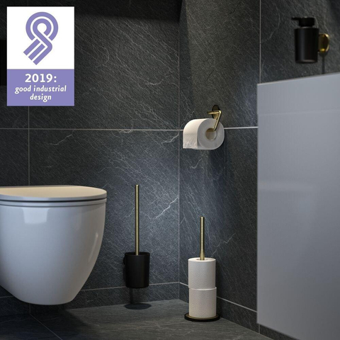 Tiger Tune Ensemble d’accessoires pour toilettes - porte-rouleau de papier toilette - sans couvercle - porte-balai de toilettes - patère - auto-adhésif - laiton brossé/noir SW877668