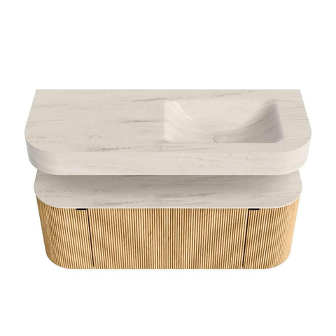 MONDIAZ THOR-DLUX Meuble de salle de bains 120cm arrondi gauche + droite couleur Oak avec 1 tiroir et 2 portes. Vasque suspendue CLOUD Droite sans trou de robinet couleur Meli. SW1463303