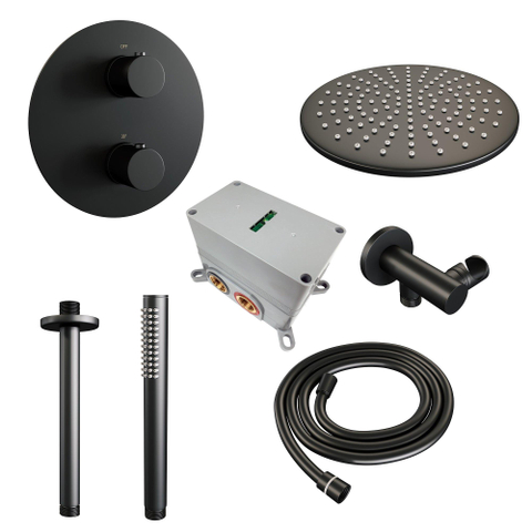BRAUER Black Edition douche de pluie encastrée thermostatique - 3 voies - ronde - set 78 - pomme de douche 30cm - bras de plafond - douchette barre - flexible de douche - coude mural - noir mat SW1159225