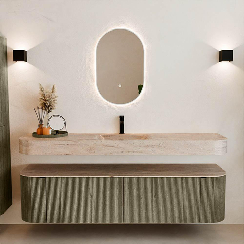 MONDIAZ THOR-DLUX 180cm meuble de salle de bains arrondi gauche + droite couleur Shadow avec 2 tiroirs et 2 portes. Vasque suspendue CLOUD Milieu 1 trou de robinet couleur Saba. SW1466249