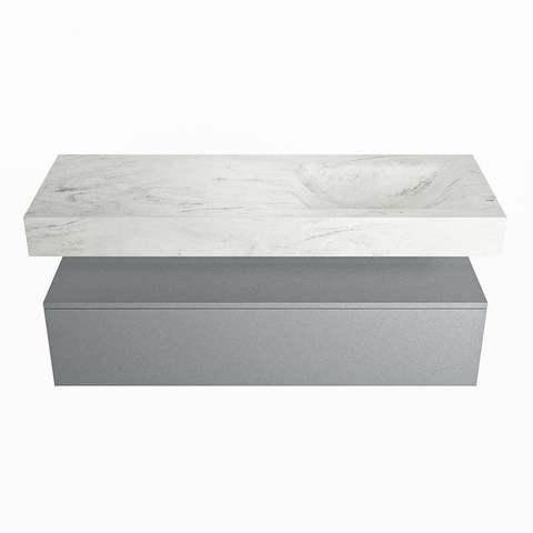 Mondiaz ALAN-DLUX Ensemble de meuble - 130cm - meuble Plata mat - 1 tiroir - Lavabo Cloud Opalo suspendu - vasque Droite - 0 trous de robinet SW806948