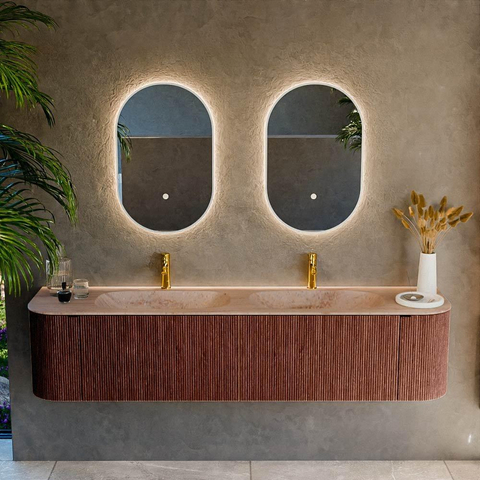 MONDIAZ KURVE-DLUX Meuble de salle de bains 190cm arrondi Gauche + Droite couleur Ruby avec 2 tiroirs et 2 portes. Lavabo STOR SMALL Double 2 trous de robinet Saba. SW1433517