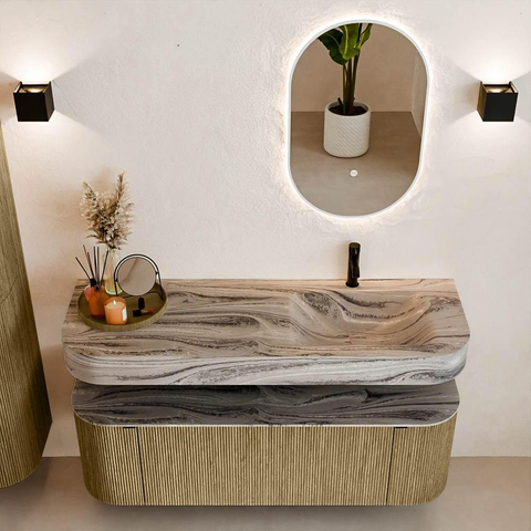 MONDIAZ THOR-DLUX 140cm meuble de salle de bains arrondi gauche + droite couleur Dusk avec 1 tiroir et 2 portes. Vasque suspendue CLOUD Droite 1 trou de robinet couleur Sombra. SW1464239