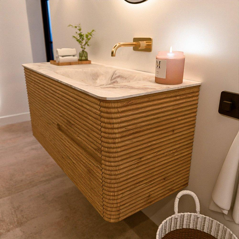 Mondiaz CIRO-DLUX Meuble de salle de bains - 110x45x50cm - lavabo solid surface Frappe - 1 vasque à droite - sans trous de robinetterie - 2 tiroirs - Chêne SW1530889