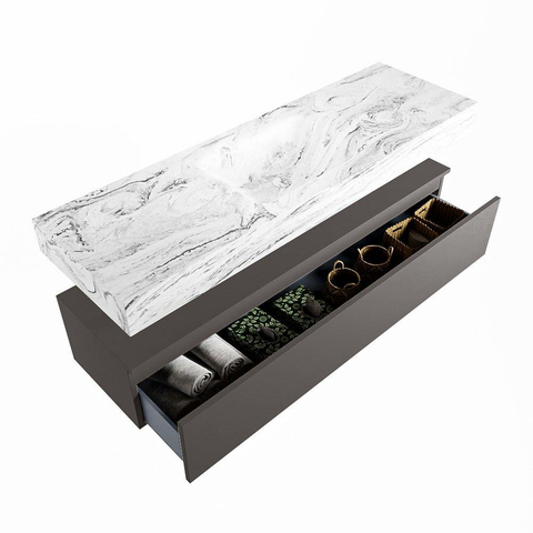 Mondiaz ALAN-DLUX Ensemble de meuble - 150cm - meuble Dark grey mat - 1 tiroir - Lavabo Cloud Glace suspendu - vasque Centre - 1 trou de robinet SW805526