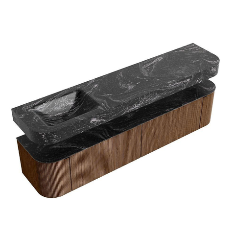 MONDIAZ THOR-DLUX 200cm meuble de salle de bains arrondi gauche + droite couleur Walnut avec 2 tiroirs et 2 portes. Vasque suspendue CLOUD Gauche sans trou de robinet couleur Lava. SW1467001