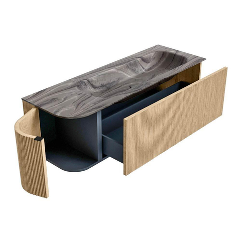 MONDIAZ KURVE-DLUX Meuble de salle de bains 135cm arrondi à gauche couleur Oak avec 1 tiroir et 1 porte. Lavabo BIG MEDIUM à droite 1 trou de robinet Sombra. SW1433584