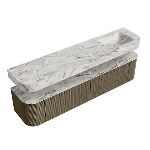 MONDIAZ THOR-DLUX 200cm meuble de salle de bains arrondi gauche + droite couleur Shadow avec 2 tiroirs et 2 portes. Vasque suspendue CLOUD Droite 1 trou de robinet couleur Glace. SW1467023
