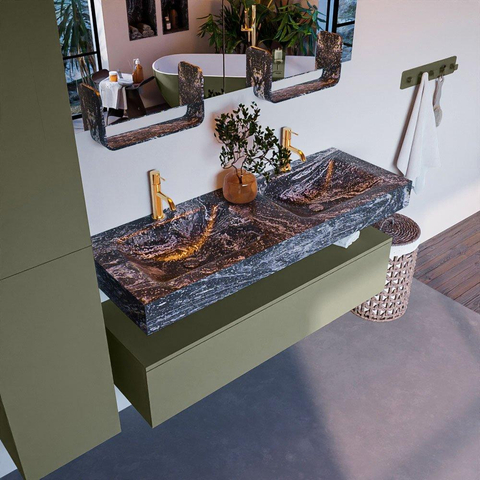 Mondiaz ALAN-DLUX Ensemble de meuble - 130cm - meuble Army mat - 1 tiroir - Lavabo Cloud Lava suspendu - vasque Gauche et droite - 2 trous de robinet SW808447