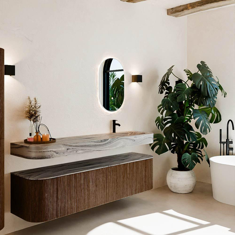 MONDIAZ THOR-DLUX 180cm meuble de salle de bains arrondi gauche + droite couleur Walnut avec 2 tiroirs et 2 portes. Vasque suspendue CLOUD Droite 1 trou de robinet couleur Sombra. SW1466266
