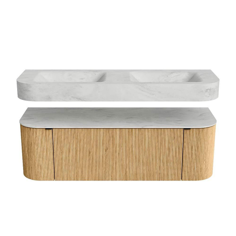 MONDIAZ THOR-DLUX 140cm badmeubel ronding links + rechts kleur Oak met 1 lade en 2 deuren. Vrijhangende wastafel CLOUD Dubbel zonder kraangat kleur Opalo. SW1463973