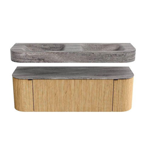 MONDIAZ THOR-DLUX Meuble de salle de bains 140cm arrondi gauche + droite couleur Oak avec 1 tiroir et 2 portes. Vasque suspendue CLOUD Double 2 trous de robinet couleur Oza. SW1464285