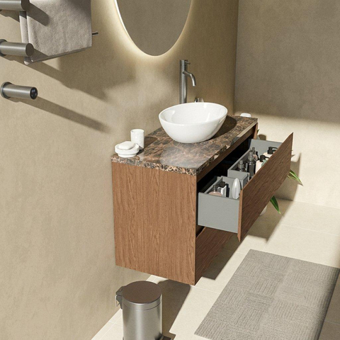 Saniclass Holz Pure Badkamermeubelset - 100x45x63cm - Noche natuurstenen topblad dark emperador - 1 kraangat - 2 lades - mat walnut pure (hout) SW1478290