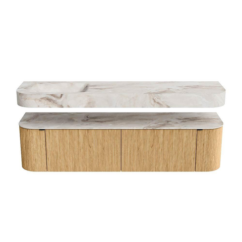 MONDIAZ THOR-DLUX 180cm badmeubel ronding links + rechts kleur Oak met 2 lades en 2 deuren. Vrijhangende wastafel CLOUD Links zonder kraangat kleur Frappe. SW1465877