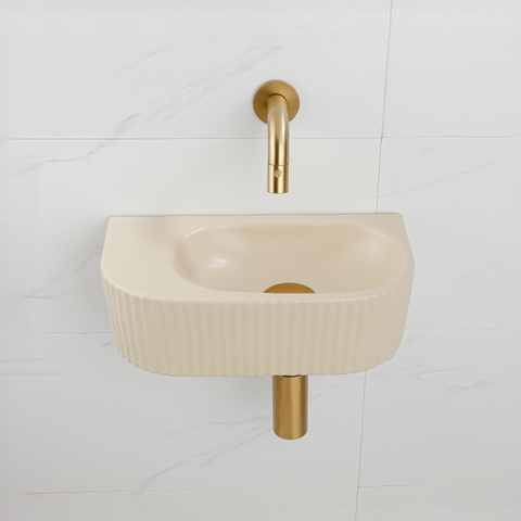 QeramiQ Fuente fonteinset – halfrond – 40x21.5x12 cm – keramiek beige – geborsteld gouden kraan – geribbeld SW1233113