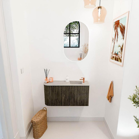 Mondiaz JOYA-DLUX Meuble de toilette 81,6 cm - arrondi gauche couleur Shadow - Vasque FAYE position Droite 1 trou de robinet couleur Glace SW1422799