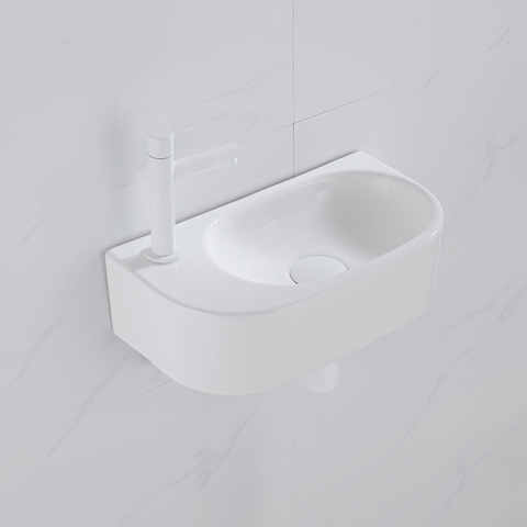 QeramiQ Fuente pack lave-mains – 40 x 21,5 x 12 cm – céramique blanc brillant – perçage à gauche – robinet blanc mat SW1232800