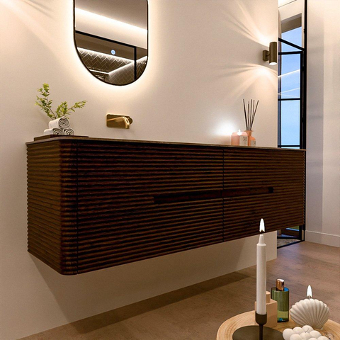 Mondiaz CIRO-DLUX Meuble de salle de bains - 170x45x50cm - Plan vasque solid surface Sombra - 1 lavabo à gauche - sans trous de robinet - 4 tiroirs - Noyer SW1530763