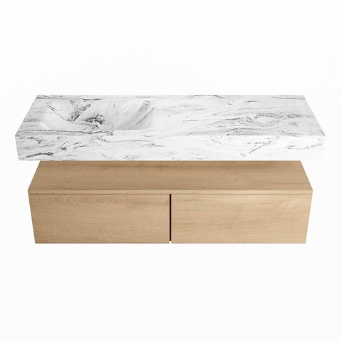 Mondiaz ALAN-DLUX Ensemble de meuble - 130cm - meuble Washed Oak mat - 2 tiroirs - Lavabo Cloud Glace suspendu - vasque Gauche - 1 trou de robinet SW808866