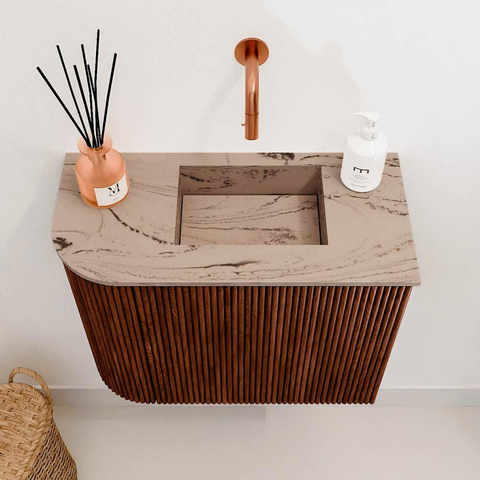 Mondiaz JOYA-DLUX Meuble de toilette 51,6cm - arrondi gauche couleur Ruby - Lavabo FAYE position Droite Sans trou de robinet couleur Arena SW1425284