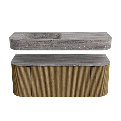 MONDIAZ THOR-DLUX 120cm meuble de salle de bains arrondi gauche + droite couleur Dusk avec 1 tiroir et 2 portes. Vasque suspendue CLOUD gauche 1 trou de robinet couleur Oza. SW1463457