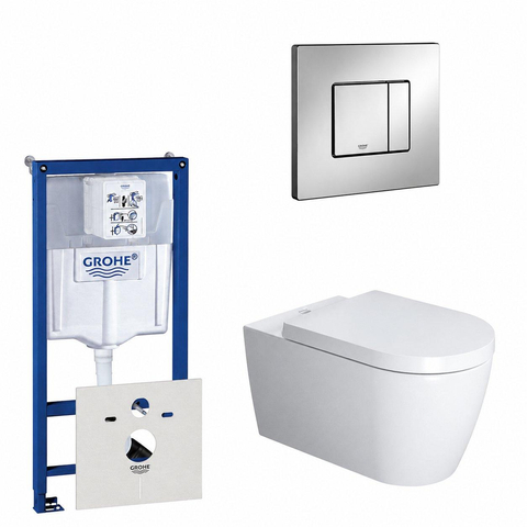 Duravit ME by Starck Pack WC avec réservoir encastrable, cuvette murale compact à fond creux avec abattant frein de chute et plaque de commande vertical/horizontal chrome SW158521