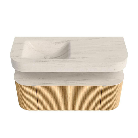 MONDIAZ THOR-DLUX 120cm meuble de salle de bains arrondi gauche + droite couleur Oak avec 1 tiroir et 2 portes. Vasque suspendue CLOUD Gauche sans trou de robinet couleur Meli. SW1463326